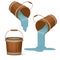 Wooden buckets with water. Liquid pouring with a splash. Cartoon style illustration.