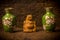 Wooden Buddha Hotey figurine between vases on shelf