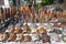 Wooden Buddha mask, hand made souvenirs on the market at Kuthodaw Pagoda Mahalawka Marazein, Royal Merit, Mandalay, Burma