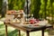 Wooden buffet table with snacks, appetizer and fruits