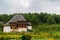 Wooden buildings in the courtyard of Barsana Monastery, Maramures, Romania