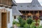 Wooden buildings in the courtyard of Barsana Monastery, Maramures, Romania