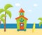 Wooden Bungalow on Tropical Coast, Sea Beach Beautiful Landscape, Seaside Holiday Banner Template Vector Illustration