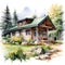 wooden cabin illustration, isolated on a white background, captures the rustic and cozy essence of a wilderness retreat.