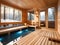 wooden cabin in a modern sauna with a large windows