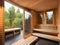 wooden cabin in a modern sauna with a large windows