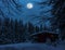 Wooden cabin in winter forest by night with full moon and stars