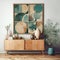 Wooden cabinet and art poster on white wall. Interior design of mid-century living room. Created with generative AI