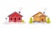 Wooden cabins in winter landscape. Small houses glowing in with garland lamps flat vector illustration