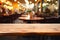 Wooden cafe table amid abstract, defocused coffee shop interior ambiance