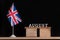 Wooden calendar of August with Great Britain flag on black background. Holidays of UK in August