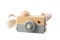 Wooden camera toy isolated on white background. Made from jackfruit wood