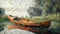 a wooden canoe resting on its side, nestled against a serene lakeside backdrop, evoking a sense of adventure and