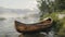 a wooden canoe resting on its side, nestled against a serene lakeside backdrop, evoking a sense of adventure and