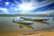 Wooden canoe on sea lagoon in Senegal in Africa. It is the Saloum National Nature Park, a bird sanctuary. In the