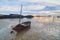 Wooden canoes in the fishing village at sunset in Setokok, Batam, Indonesia