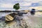 Wooden canoes in the fishing village at sunset in Setokok, Batam, Indonesia