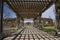 The wooden canopy made of beams - pergola in the patio of public park in Richmond Hill, Ontario, Canada