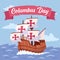 Wooden caravel on a colored columbus day template Vector