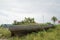 Wooden carcass of the fishermen boat at repair center at tropical island