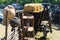 Wooden cart with straw for decor during traditional harvest fair