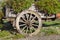 Wooden cart wagon decorated with summer flowers in