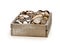 Wooden cashbox full of pound sterling coins