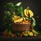 wooden cask full of bananas and other tropical fruits on a dark background