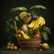 wooden cask full of bananas and other tropical fruits on a dark background