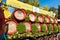 Wooden casks stacked outdoors at Oktoberfest at sunny day: Erfurt, Thuringen, Germany, September 25, 2016