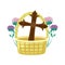 Wooden catholic cross in basket and flowers