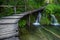 A wooden catwalk surrounded by vegetation and rapids