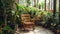 Wooden chair in a lush indoor garden setting. Serene greenhouse with a variety of plants