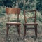 Wooden chair, wooden chair twin, Pair old wooden chair outdoors. Around the lush grass, The environment offers privacy.