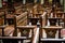 Wooden chairs adorned with crosses inside the Hanging Church in Cairo