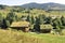 Wooden chalet with a roof with grass in a village in the Pyrenees