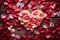 Wooden charm heart made of rose petals on a textured backdrop