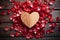 Wooden charm heart made of rose petals on a textured backdrop