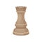 Wooden chess piece - rook castle or tower in beige color. Small figure of strategic board game. Flat vector icon