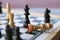 Wooden chess pieces on chessboard, checkmate