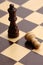 Wooden chess pieces queen and reclining pawn on a cage board, corporate concept