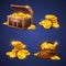 Wooden chest and big old bag with gold coins, money stack