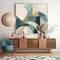 Wooden chest of drawers and blue chair against white wall with art poster frame. Mid century style interior design of modern