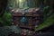 wooden chest in the jungle with precious stones stands on table