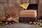 Wooden chest and wooden plate with stacks of hand-dyed fabrics, autumn leaves, nuts and berries on an eco-print background