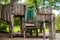 Wooden Children& x27;s Playground. Empty Modern Wooden Children Playground Set On Green Yard In Public Park In Summer Day