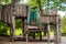 Wooden Childrens Playground. Empty Modern Wooden Children Playground Set On Green Yard In Public Park In Summer Day