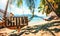 Wooden CHILL sign hanging on a hammock between palm trees on a tropical beach with a serene ocean view, epitomizing