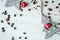 Wooden Christmas toys on the table. Tree, star, coffee beans and spices. Rustic Christmas background.