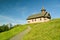 Wooden church in village of Stoos with beautiful Grosser Mythen peak in background